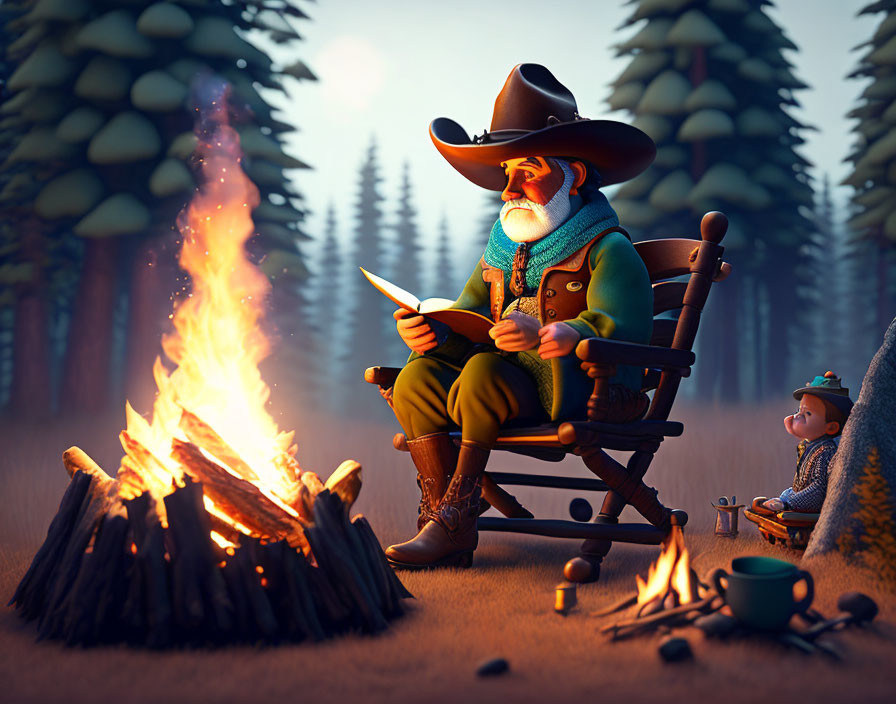 Stylized animated cowboy character reading by campfire in forest setting