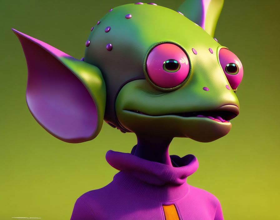 Colorful 3D-rendered character with green skin, pink eyes, and purple ears in t