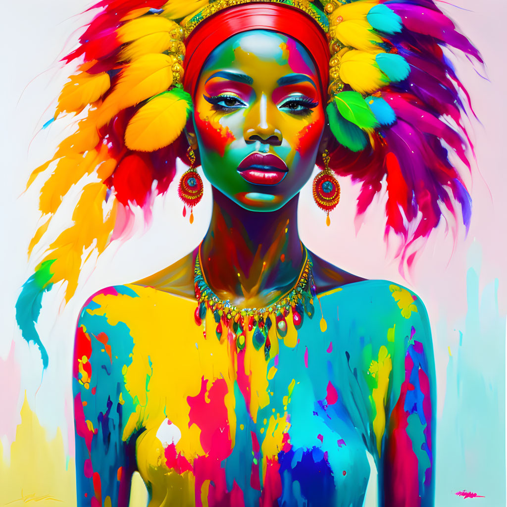 Colorful portrait of a woman with feathers, dramatic makeup, and abstract paint strokes