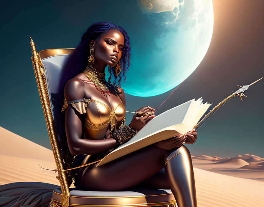 Regal woman adorned in gold jewelry reading under desert moon