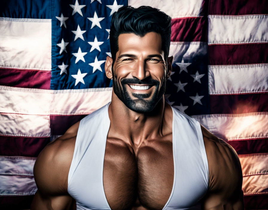 Muscular man with beard smiling in front of American flag in white tank top