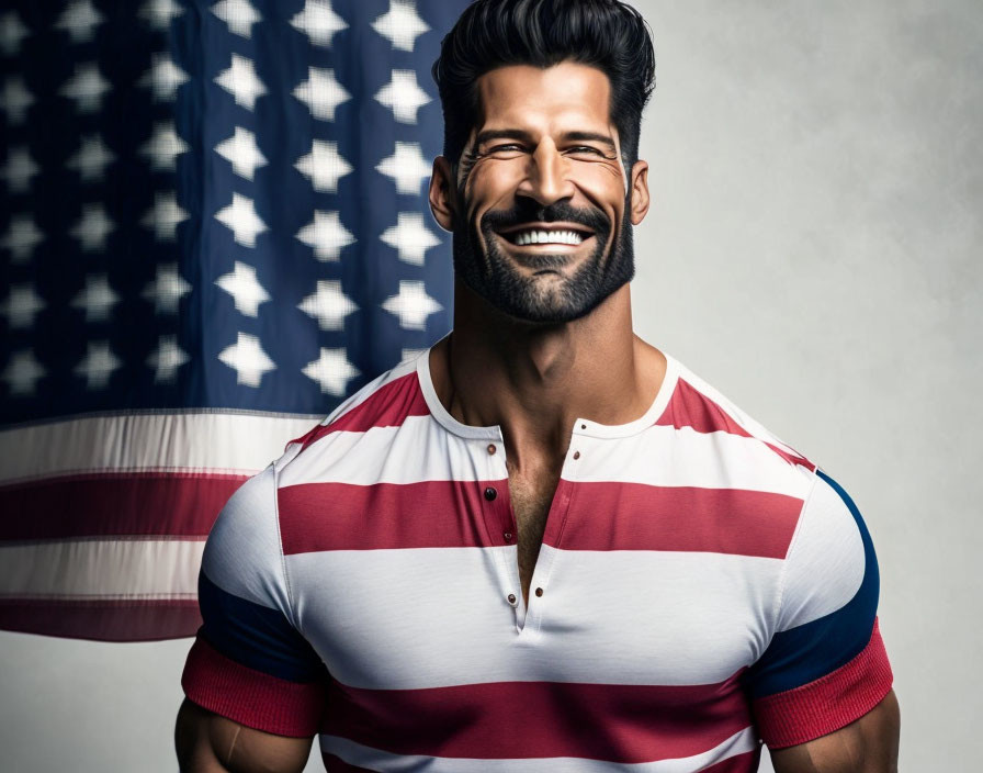 Bearded man in red, white, and blue striped shirt poses confidently by American flag