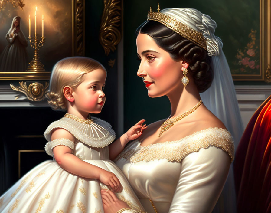 Vintage dress woman holds child in affectionate gaze with candles and painting.