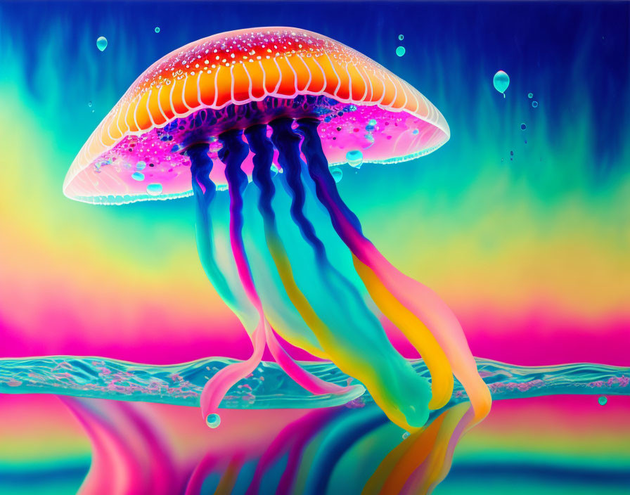 Colorful Jellyfish Floating in Psychedelic Ocean Background