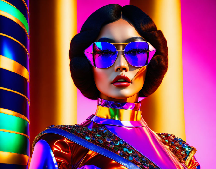 Stylized female figure with bobbed hair and sunglasses in colorful outfit