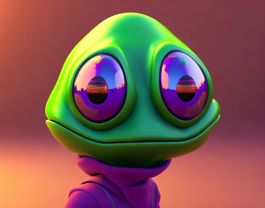 Colorful 3D illustration of green and purple character with oversized glossy eyes on gradient background