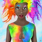 Colorful portrait of a woman with feathers, dramatic makeup, and abstract paint strokes