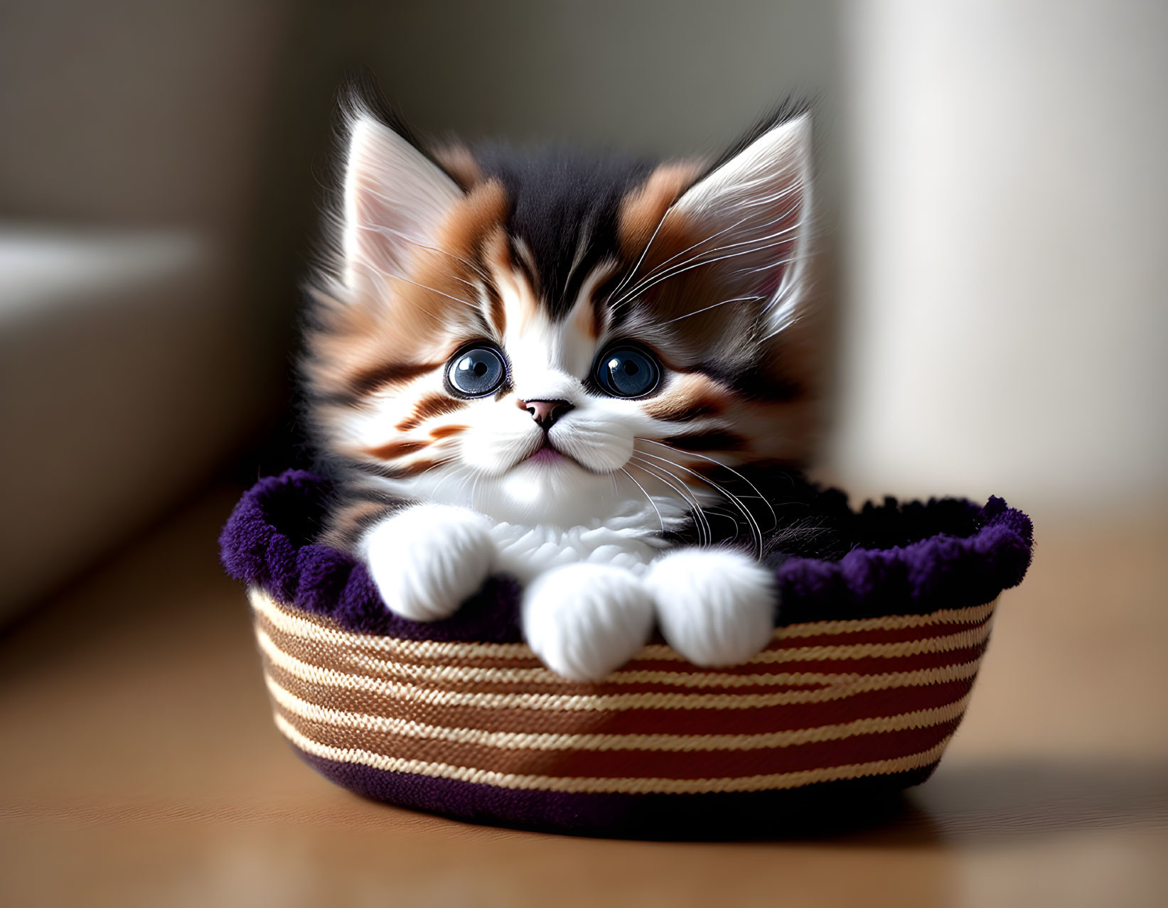 Fluffy black and orange kitten in striped basket with blue eyes