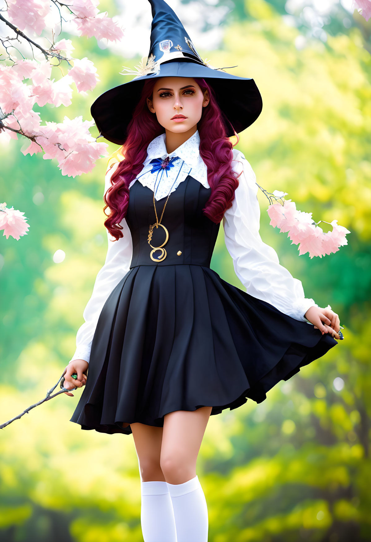 Witch in a Sakura tree park.