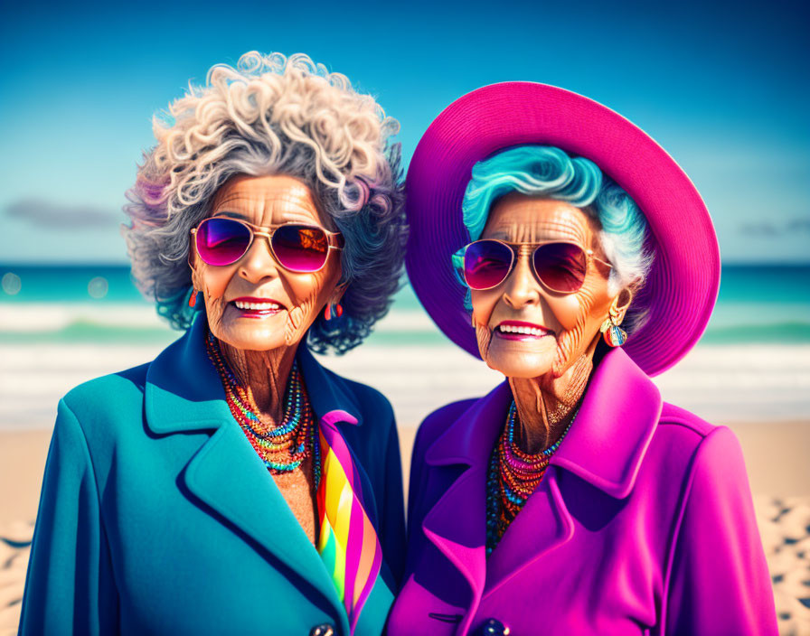 Elderly ladies in stylish sunglasses and colorful outfits on sunny beach