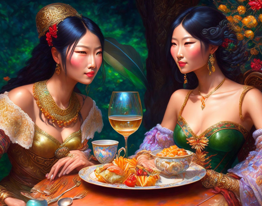 Two women in ornate historical attire at luxurious outdoor banquet with elegant food and lush greenery.
