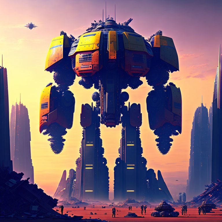 Giant Yellow and Blue Mech in Futuristic Cityscape at Dawn