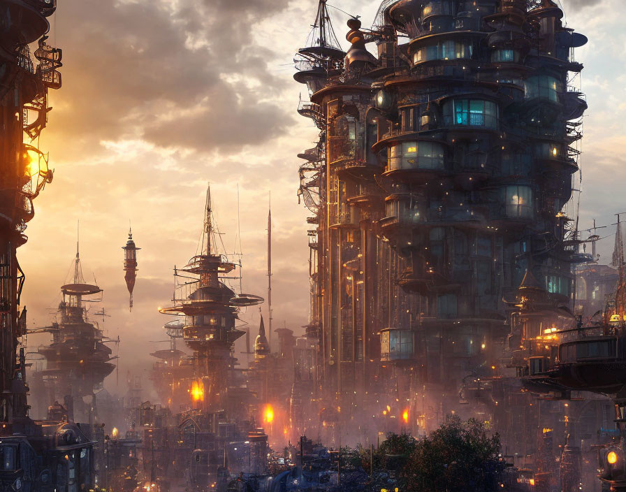 Futuristic cityscape with towering structures at dusk