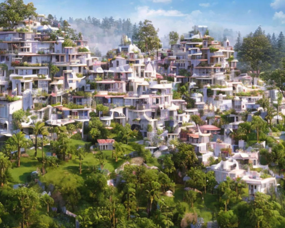 Futuristic terraced city with white multi-level buildings and greenery