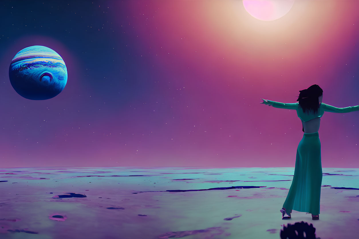 Woman standing on surreal alien landscape with outstretched arms gazing at large planet and pink sun in
