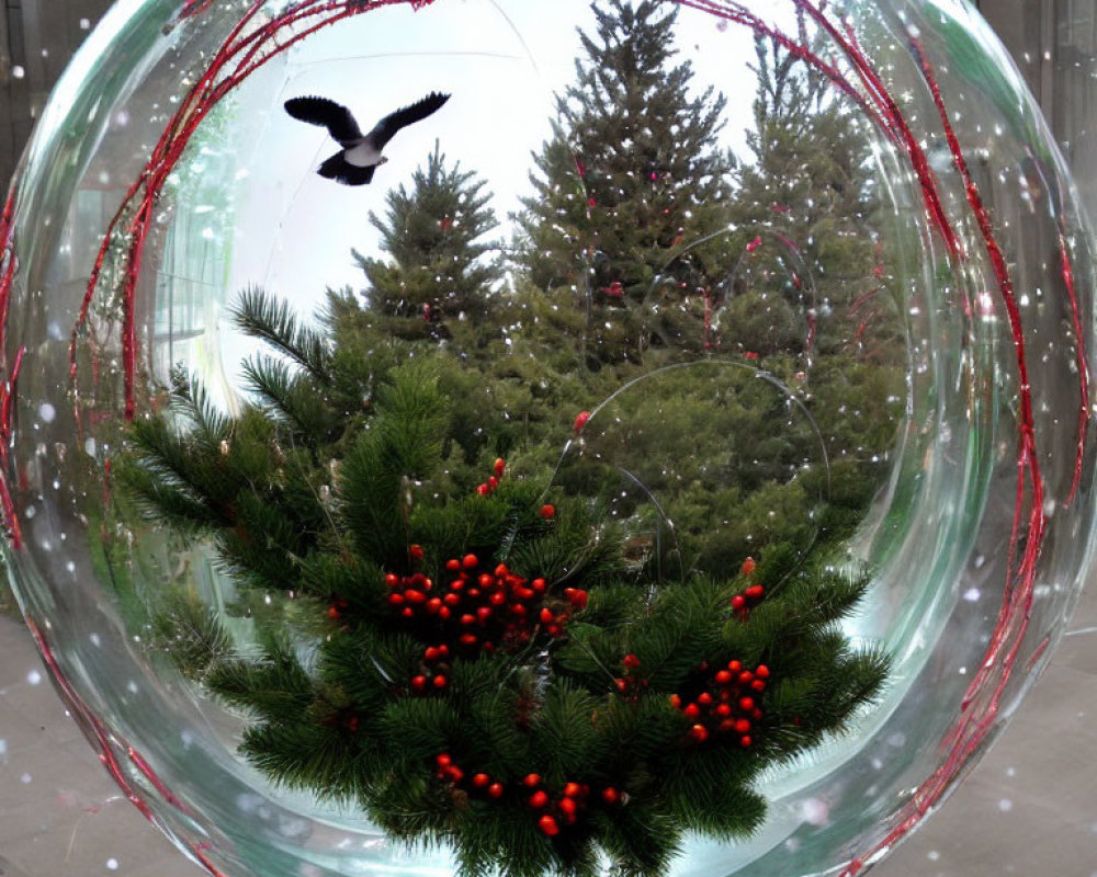 Bird flying over pine branches with red berries in a festive winter scene.
