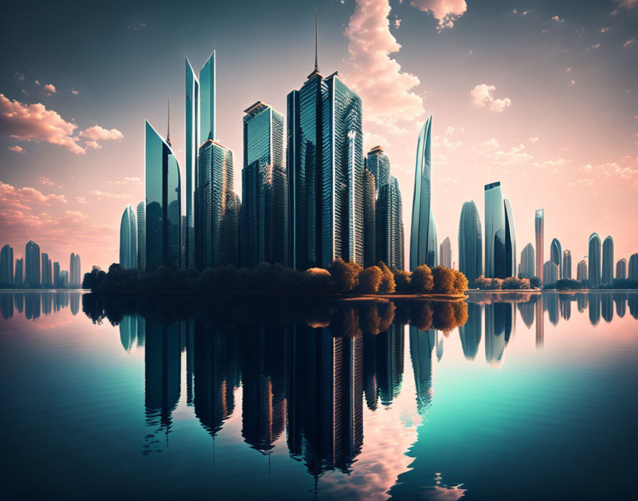 Futuristic cityscape with skyscrapers reflected in tranquil water.