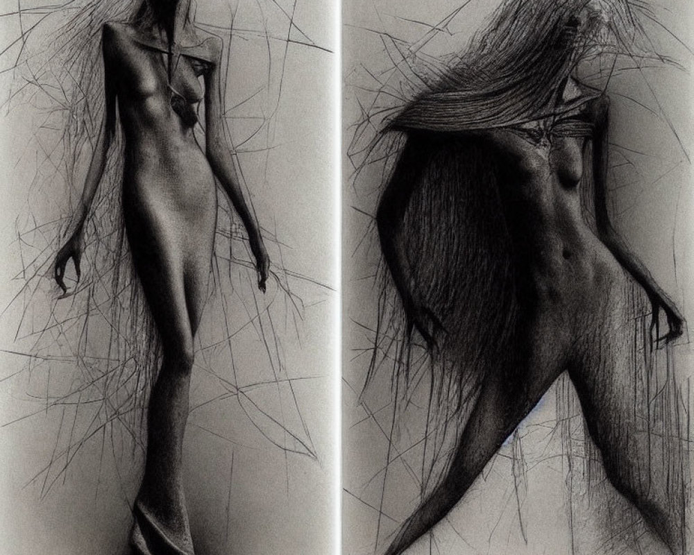 Surreal graphite drawing of figure with elongated limbs and branch-like hair.