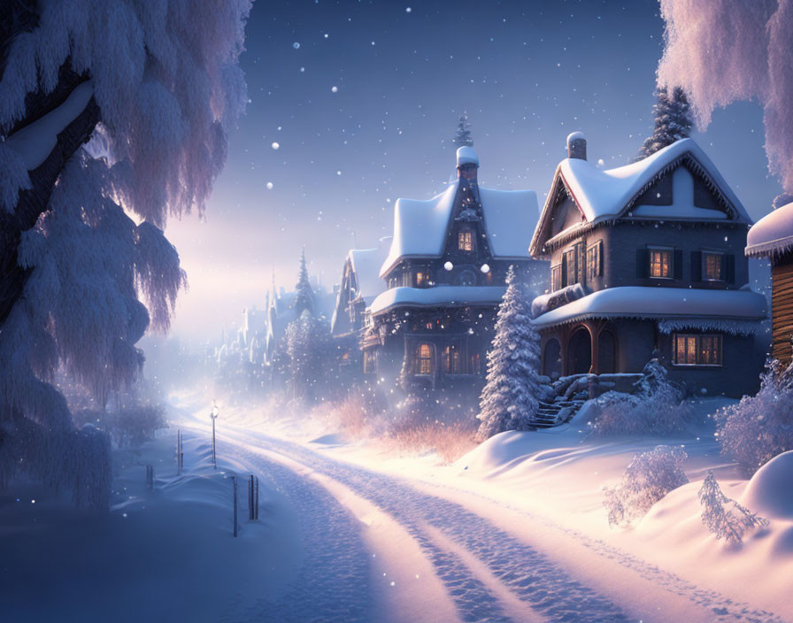 Winter Scene: Snowy Houses, Path, and Trees in Twilight Snowfall