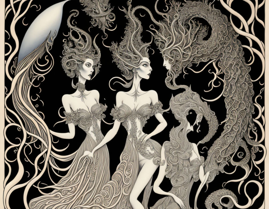 Stylized women with elaborate hair and dresses in intricate illustration