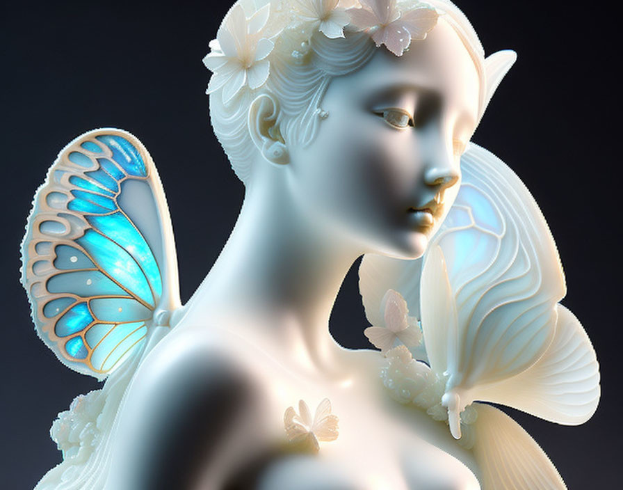 3D-rendered image of a fairy with blue wings and flowers in hair