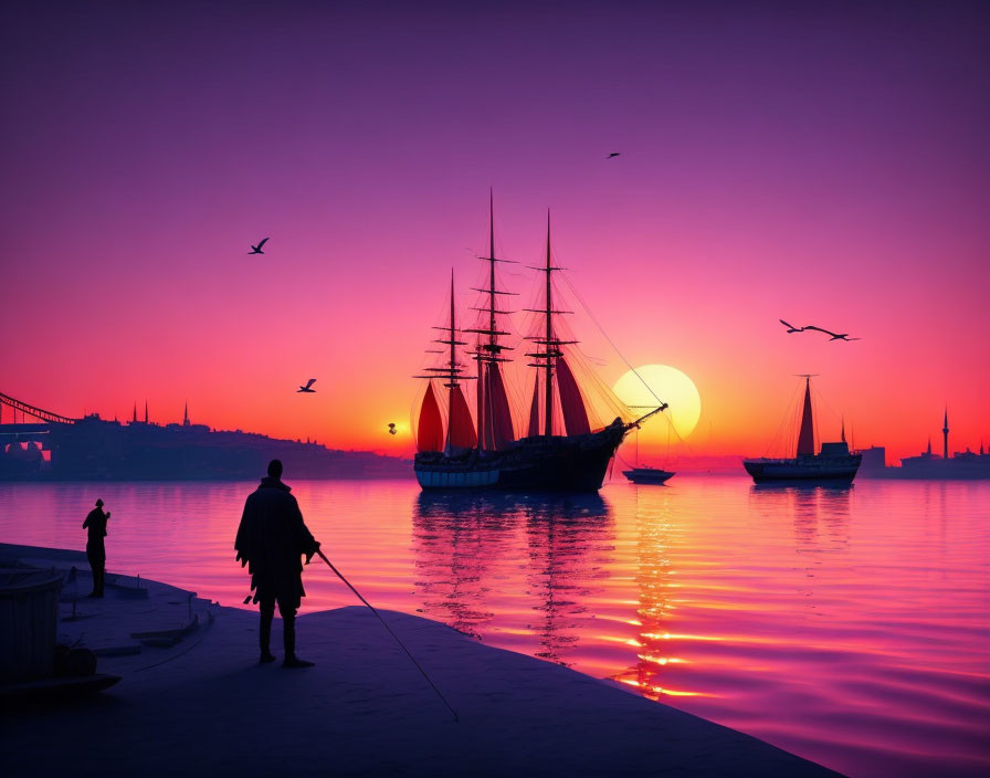 Colorful sunset over sea with sailing ship, fishing person, birds, and city skyline