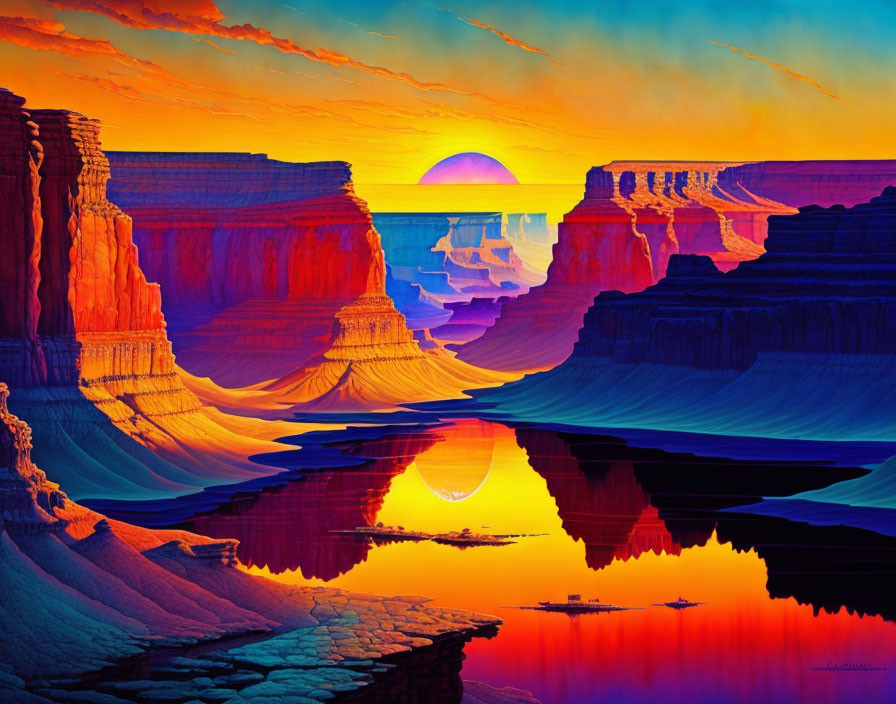 Surreal canyon digital artwork at sunset with vibrant colors
