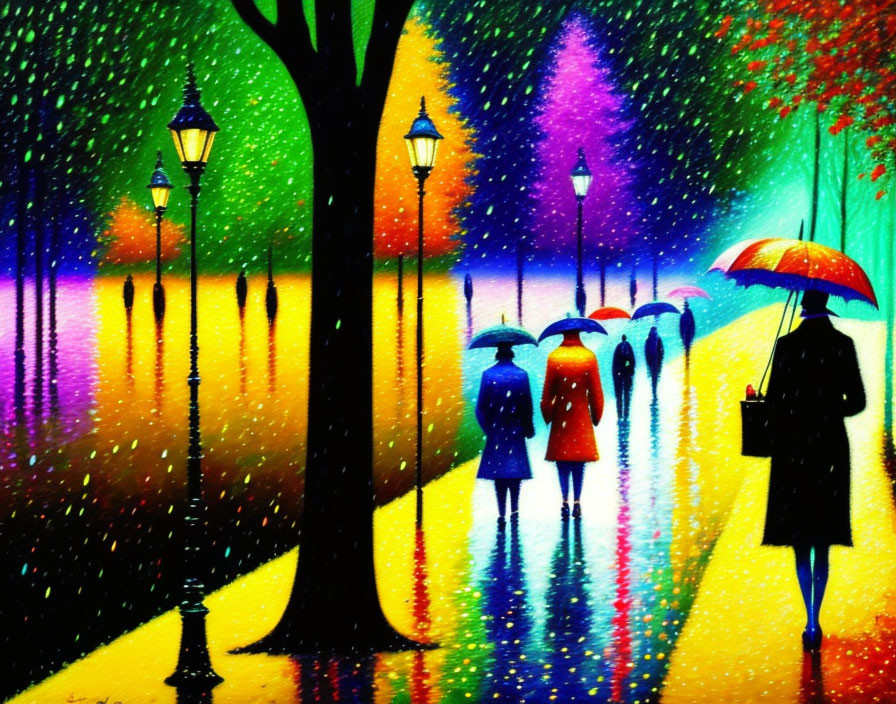Colorful painting of people with umbrellas on vibrant path with glowing street lamps.
