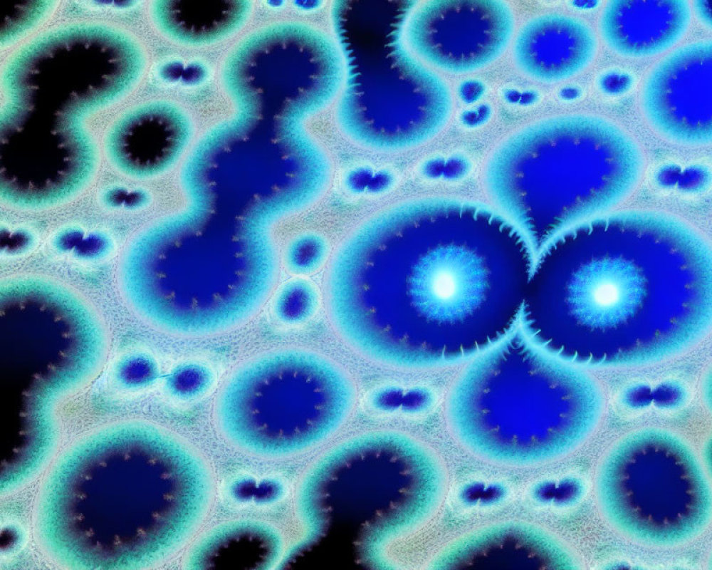 Vibrant Blue and Turquoise Fractal Pattern with Circular and Amoeboid Shapes