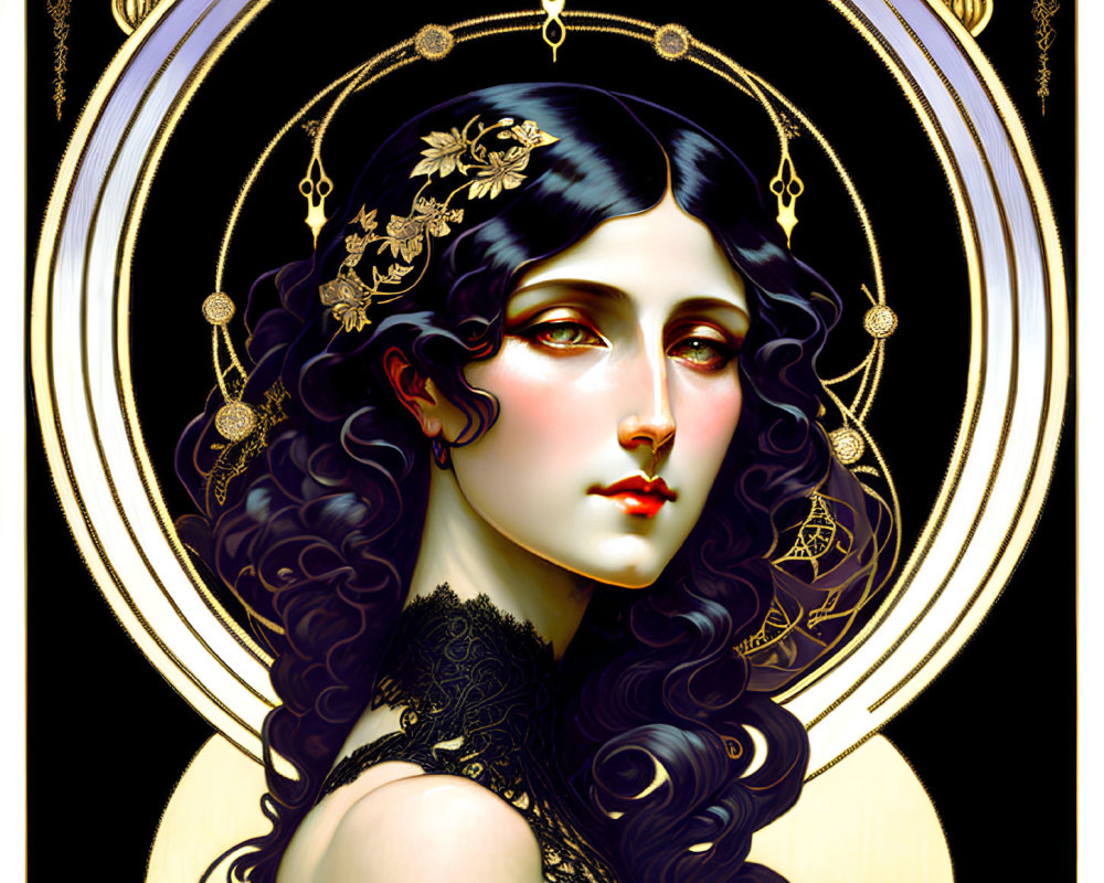 Illustrated portrait of a woman with black hair, pale skin, and dark lips framed by a golden