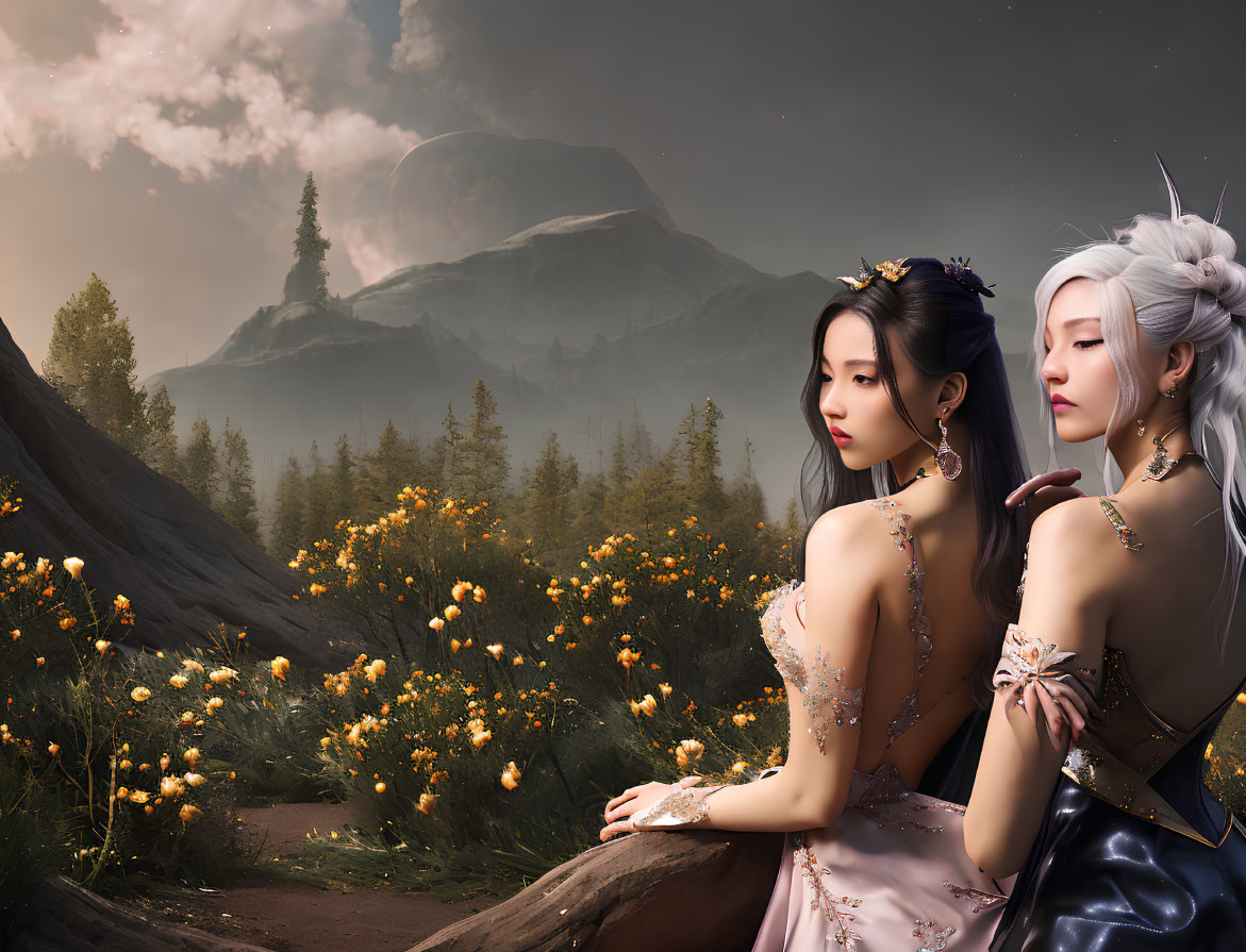 Two elegant women in fantasy attire with elaborate hairstyles in serene, fantastical landscape.