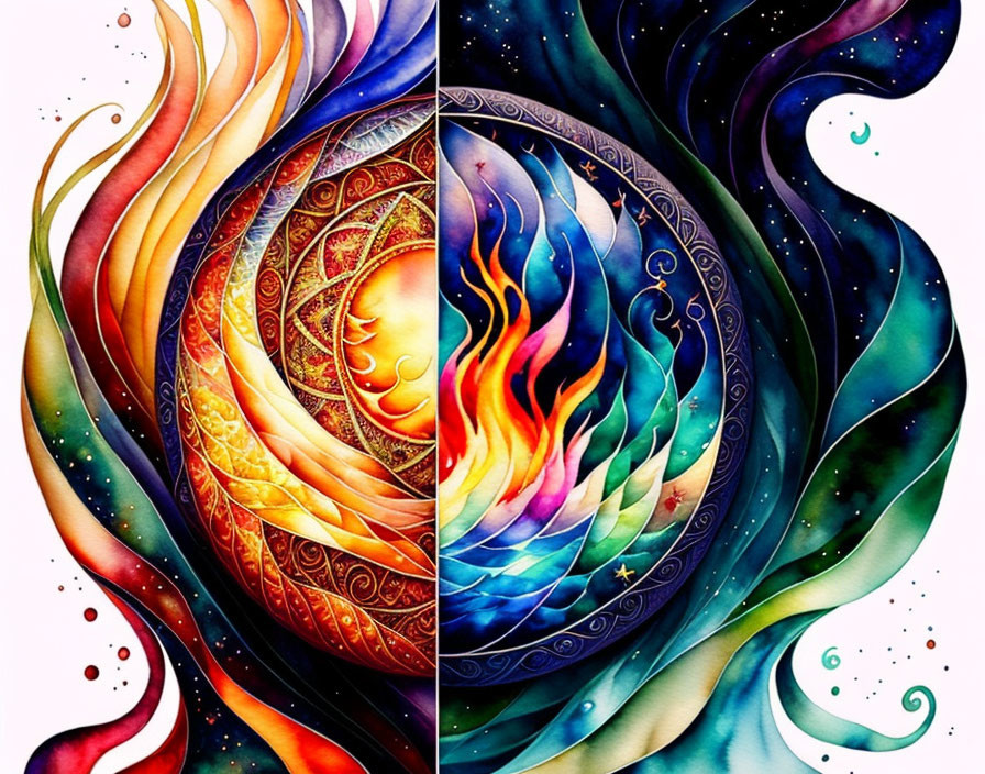 Vibrant paintings of sun and moon with swirling flames and waves representing day and night.