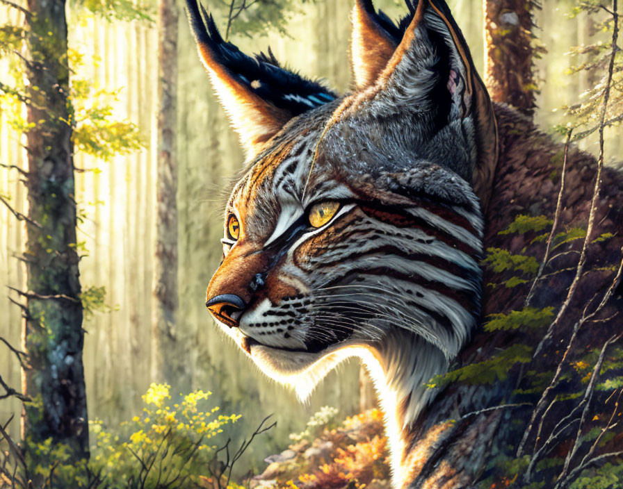 Majestic lynx with intense eyes in sunlit forest