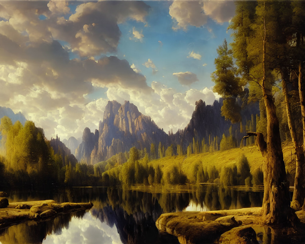 Tranquil lake with towering mountains and golden sky