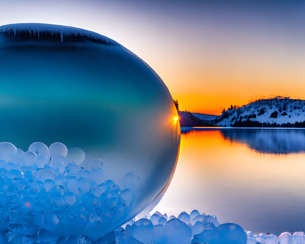 Frozen Bubble in Winter Sunset with Orange Sky Reflected on Lake