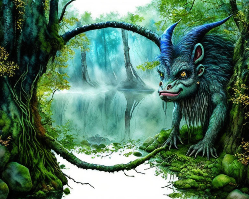 Majestic dragon-goat hybrid in misty forest with blue horns.