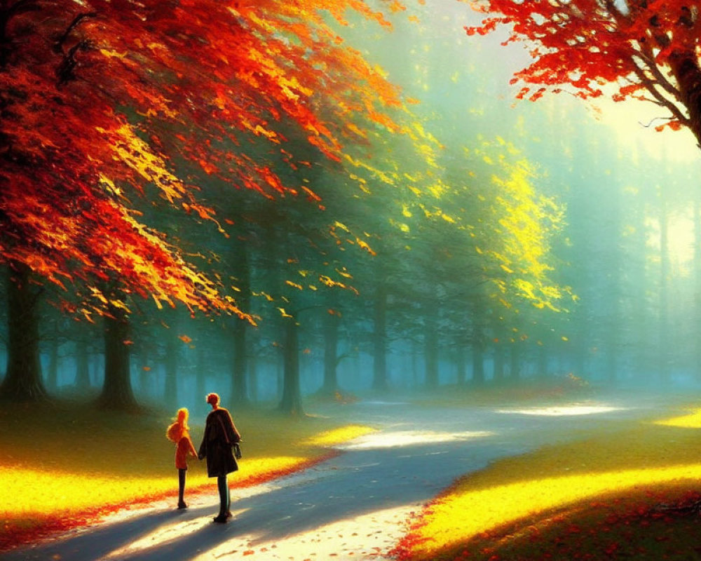 Autumnal forest scene with two individuals walking on sunlit path