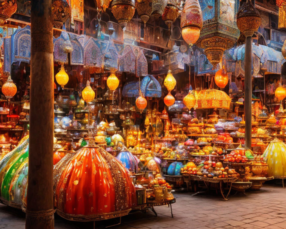 Colorful Hanging Lanterns, Ornate Lamps & Glassware in Vibrant Bazaar