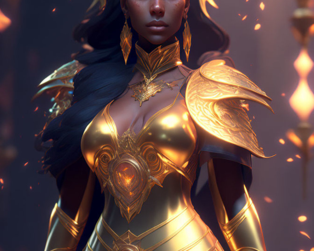 Elaborate golden armor woman standing confidently in flames