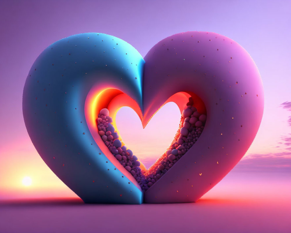 Digital artwork: Blue and pink hearts merge on purple sunset background