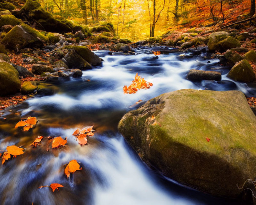 Tranquil forest stream with autumn leaves and moss-covered rocks