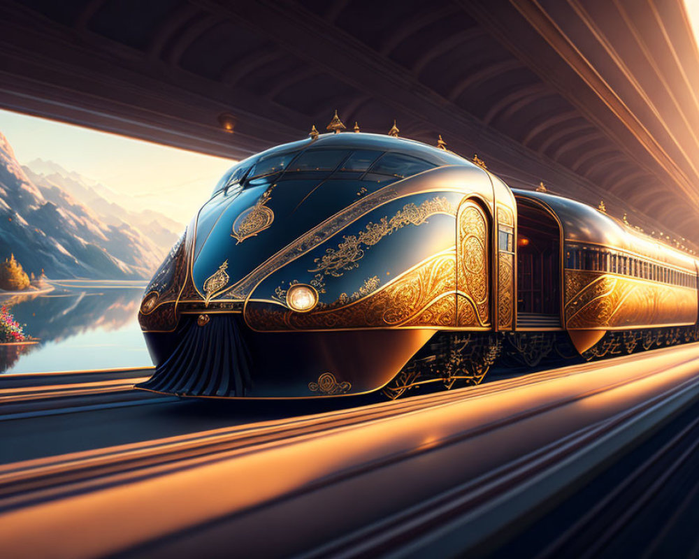Luxurious black and gold train in modern tunnel with mountain backdrop