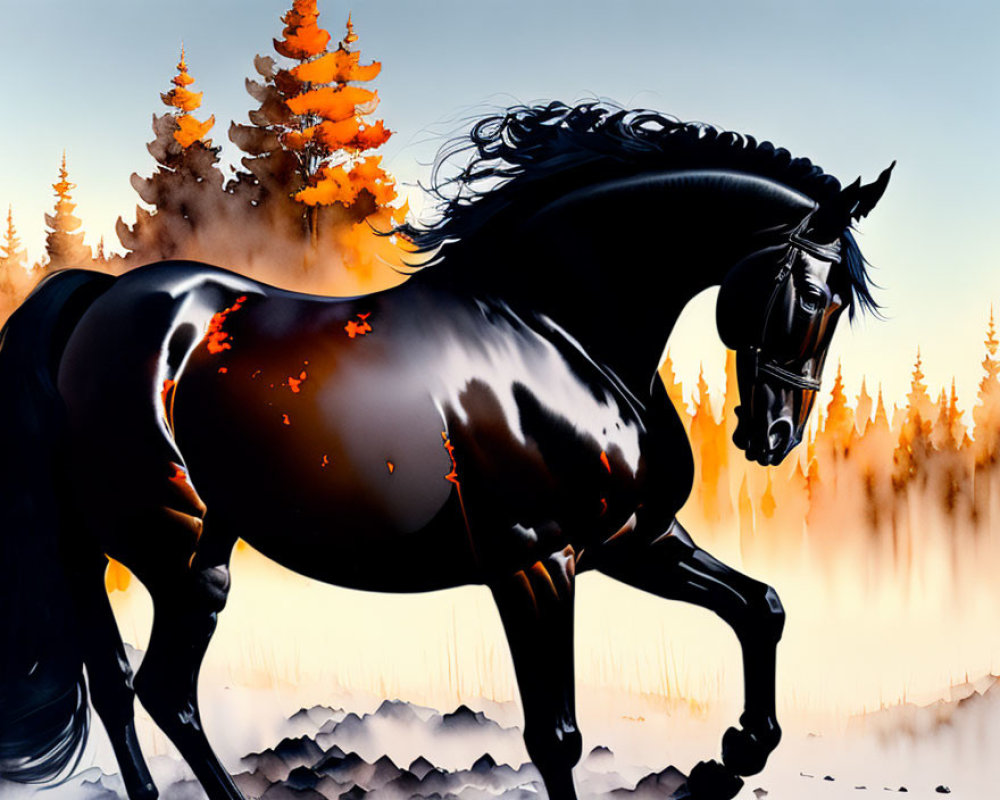 Majestic black horse with fiery mane gallops in autumn forest