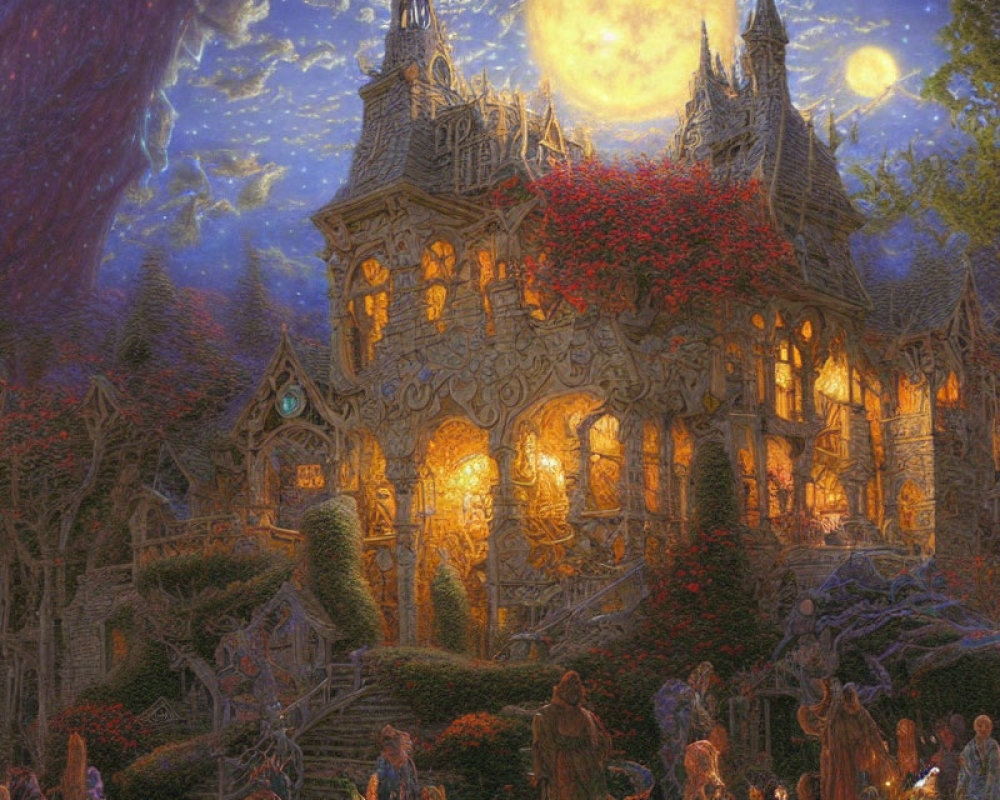 Ethereal fantasy mansion with ivy, moon, and ghostly figures
