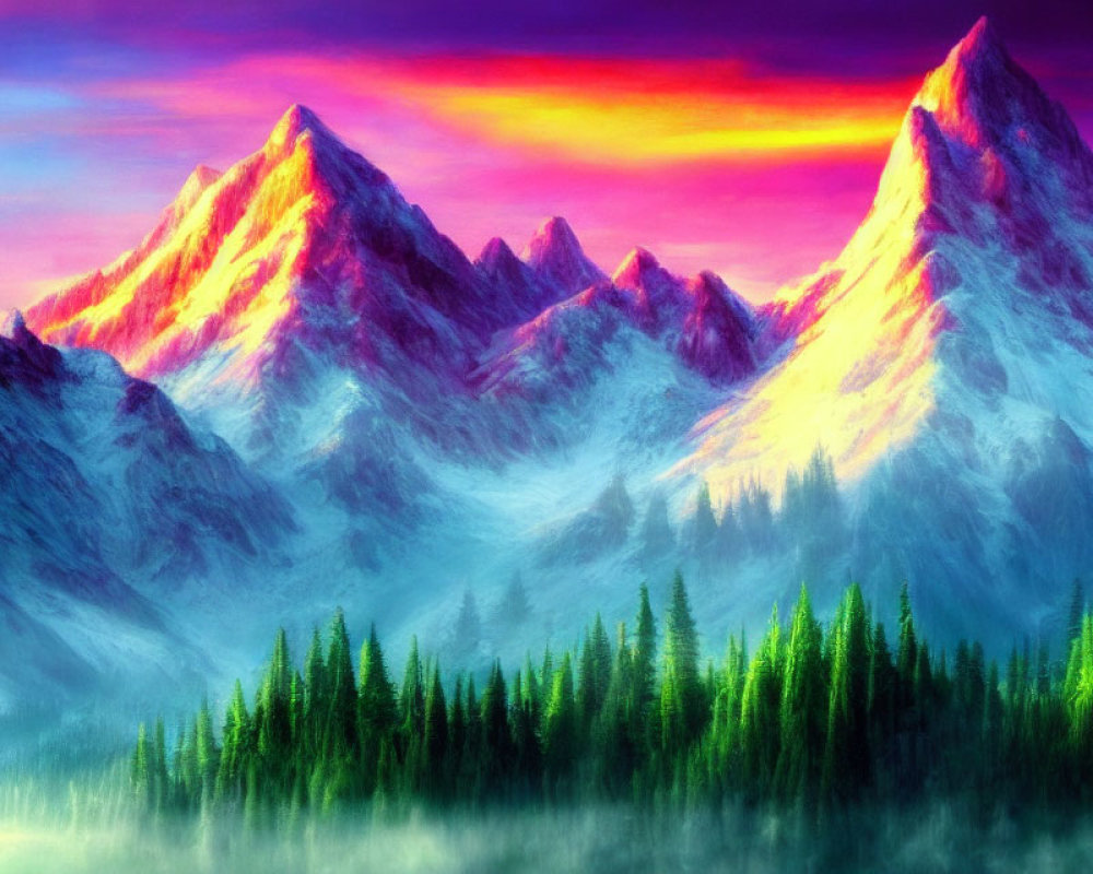 Colorful sunset sky over snow-capped mountain range artwork