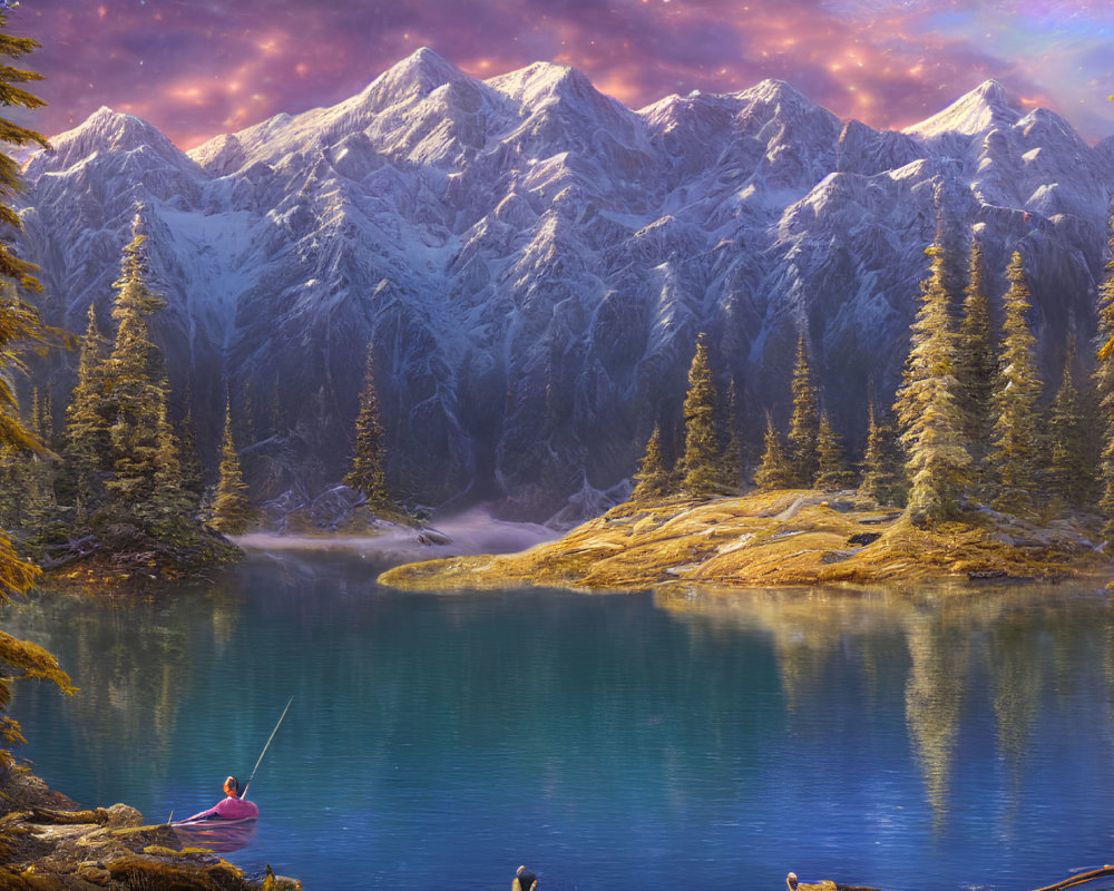 Tranquil lake scene with person fishing, conifer trees, snow-capped mountains