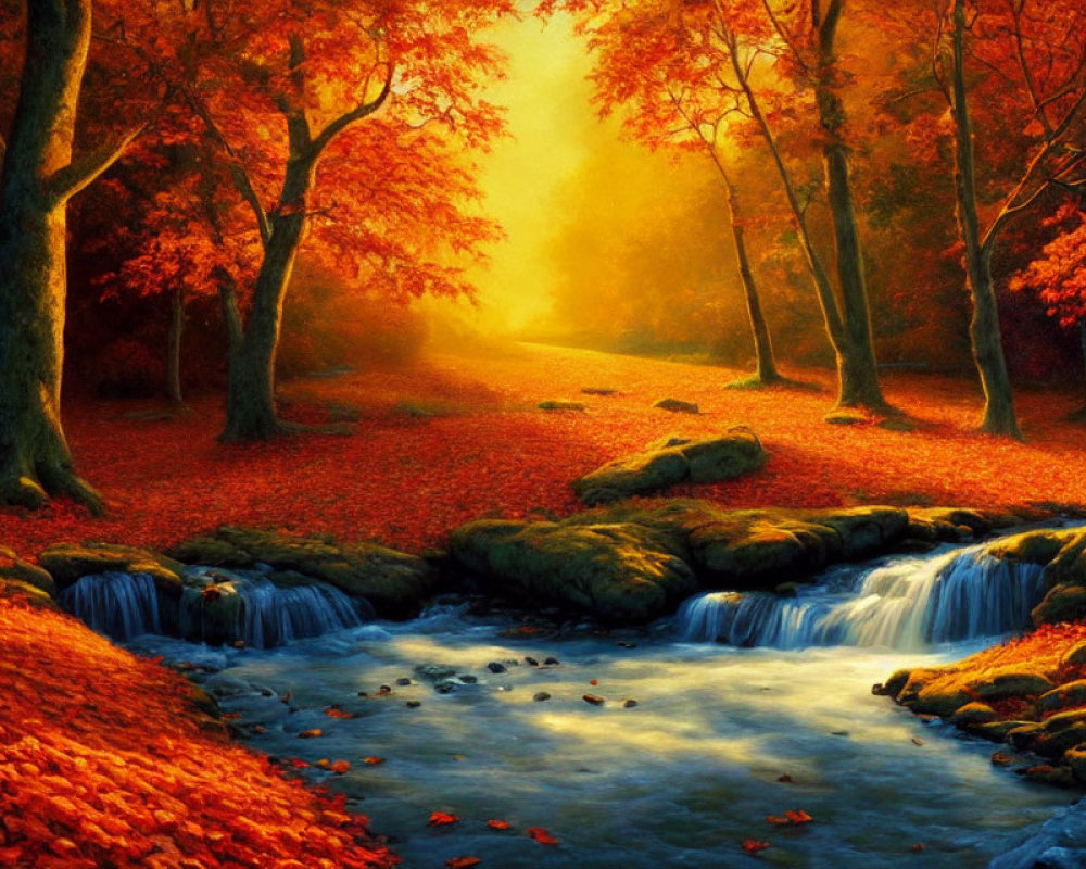 Tranquil autumn landscape with stream, waterfall, and sunlit path