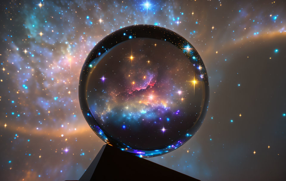 Cosmic crystal ball with stars and nebulae on reflective surface