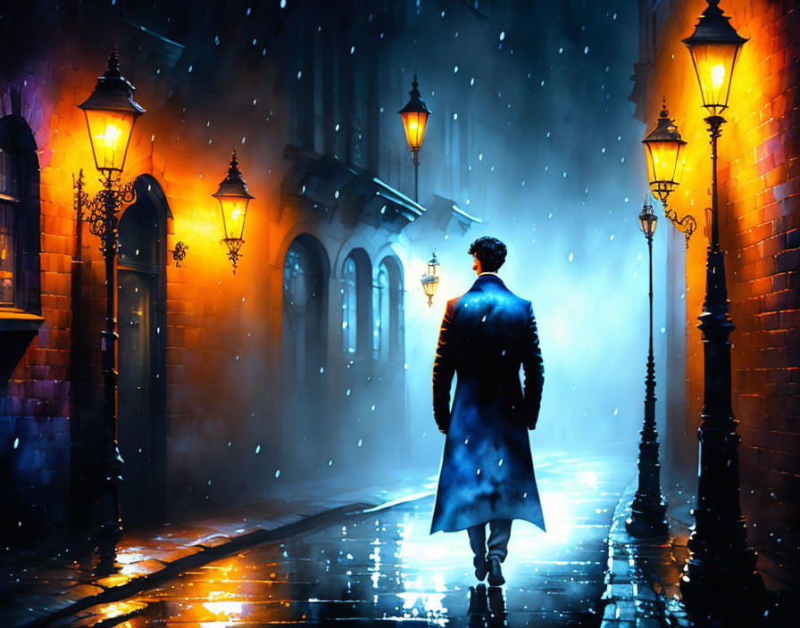 Person in Blue Coat Walking on Snowy Cobblestone Street at Twilight