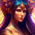 Woman with Gold Patterns, Violet Eyes, and Floral Headpiece